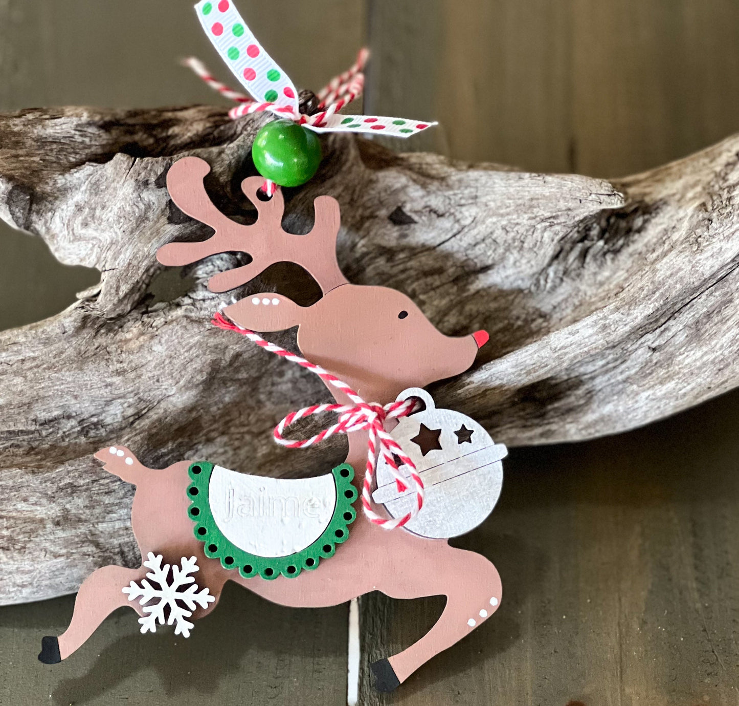 Personalized Hand Painted Reindeer Christmas Ornament.