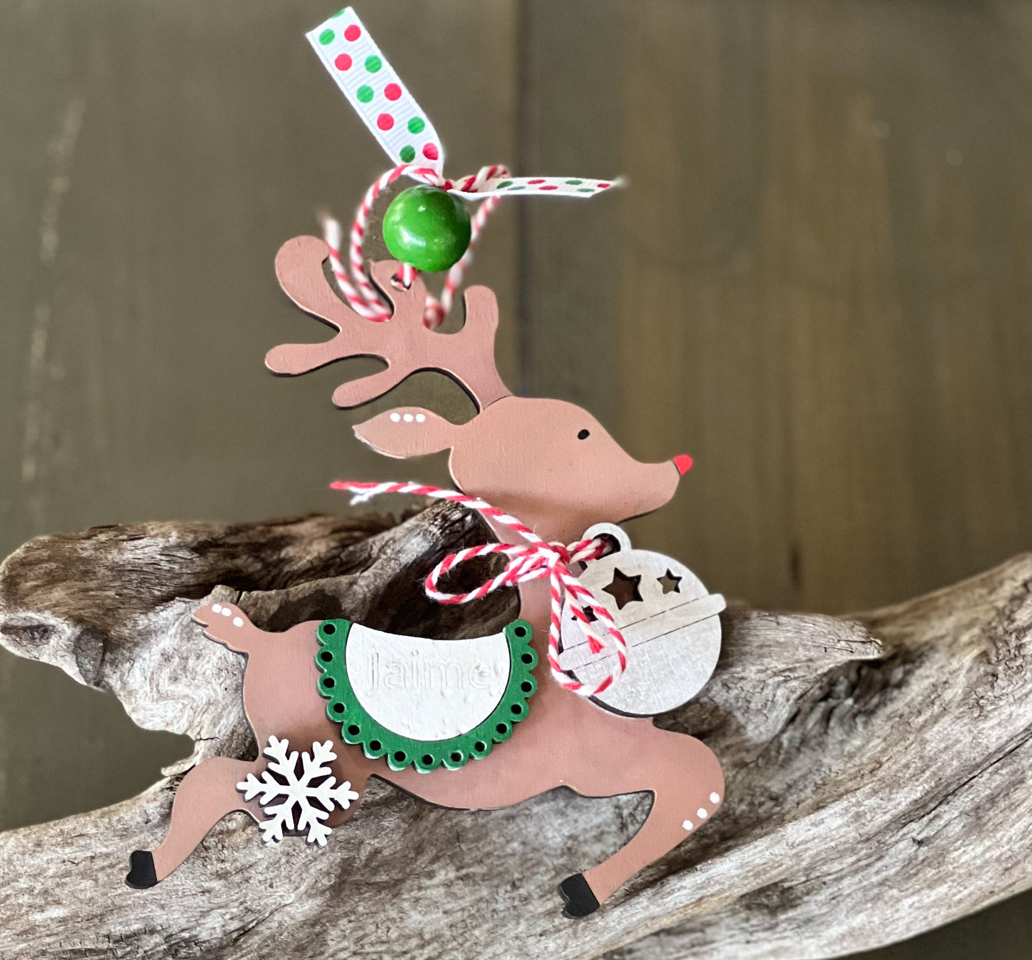 Personalized Hand Painted Reindeer Christmas Ornament.