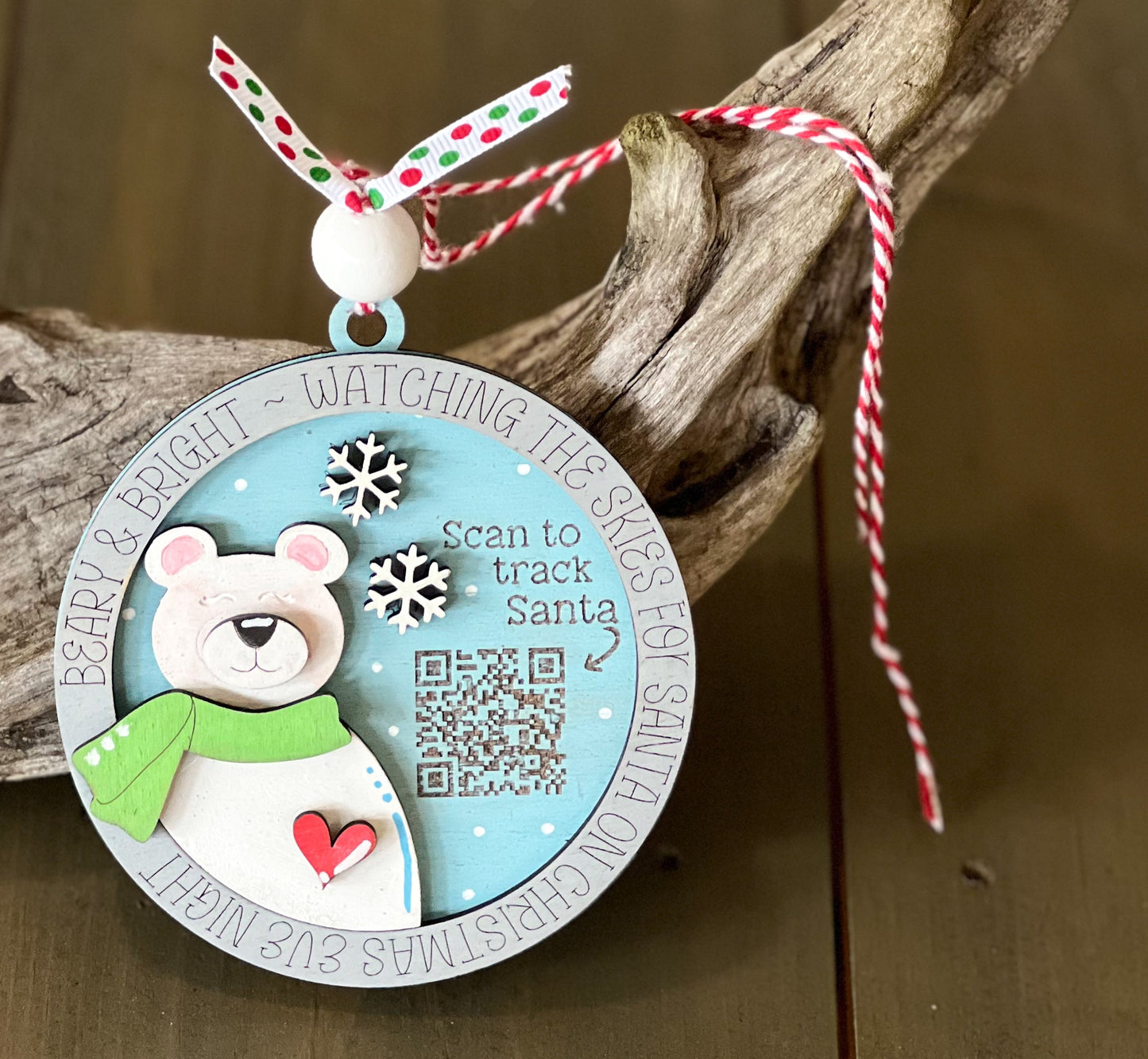 Polar Bear QR code Santa Tracker Hand Painted Ornament.