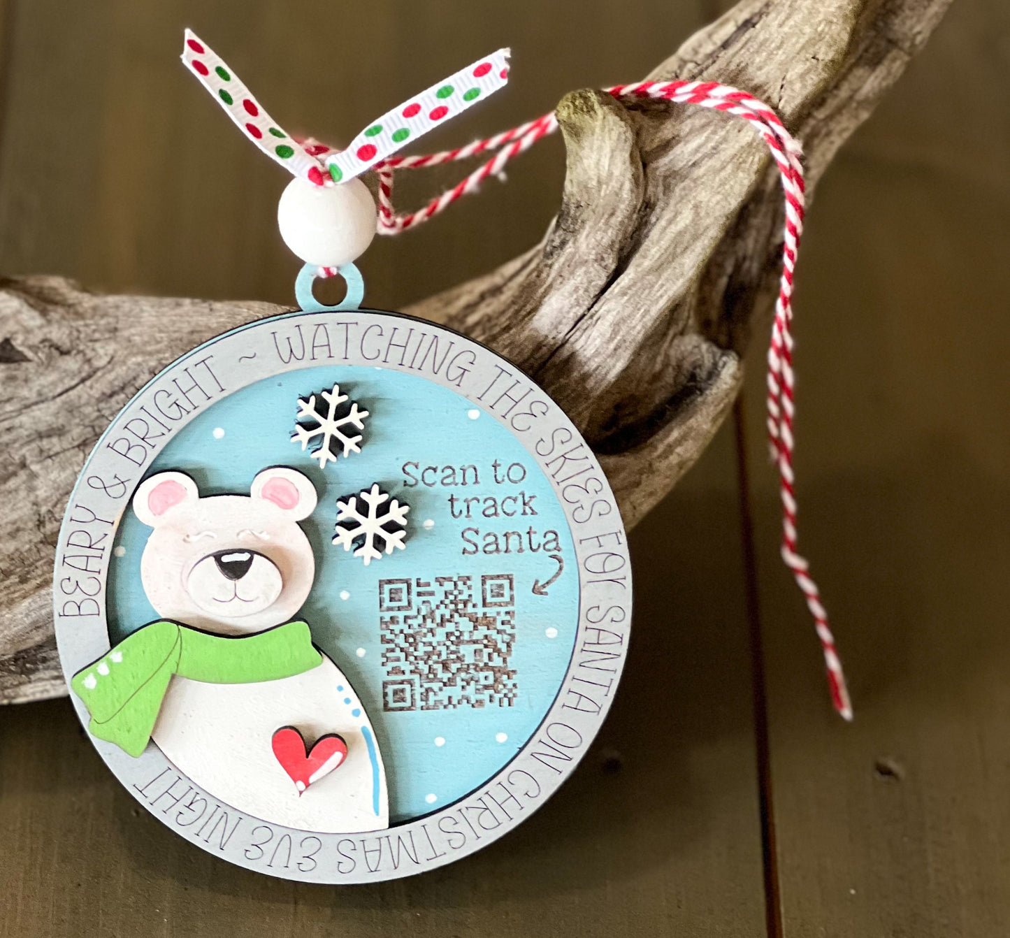 Polar Bear QR code Santa Tracker Hand Painted Ornament.