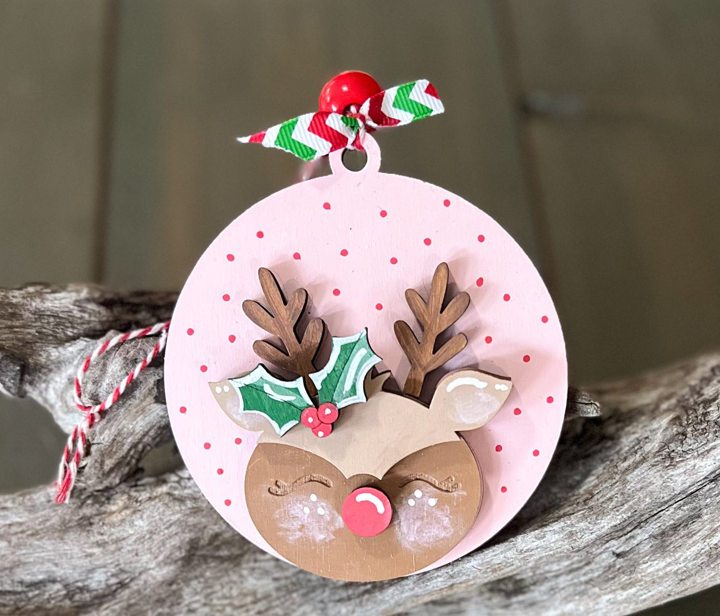 Personalized Hand Painted Adorable Reindeer Face Christmas Ornament.