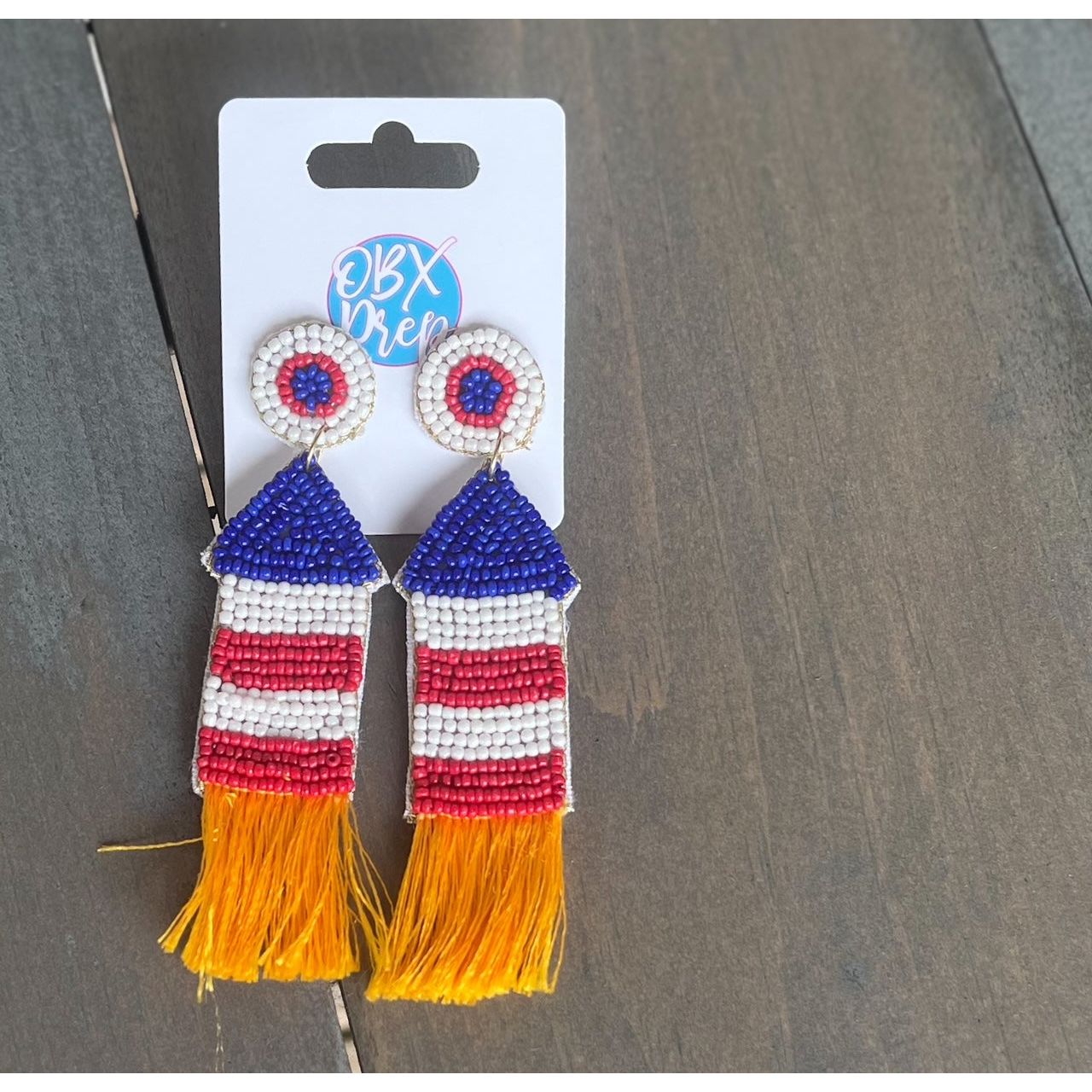 Handmade Seed Beaded Red White Blue Patriotic Rocket Earring - OBX Prep