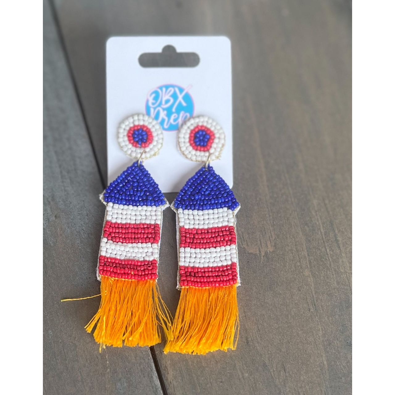 Handmade Seed Beaded Red White Blue Patriotic Rocket Earring - OBX Prep