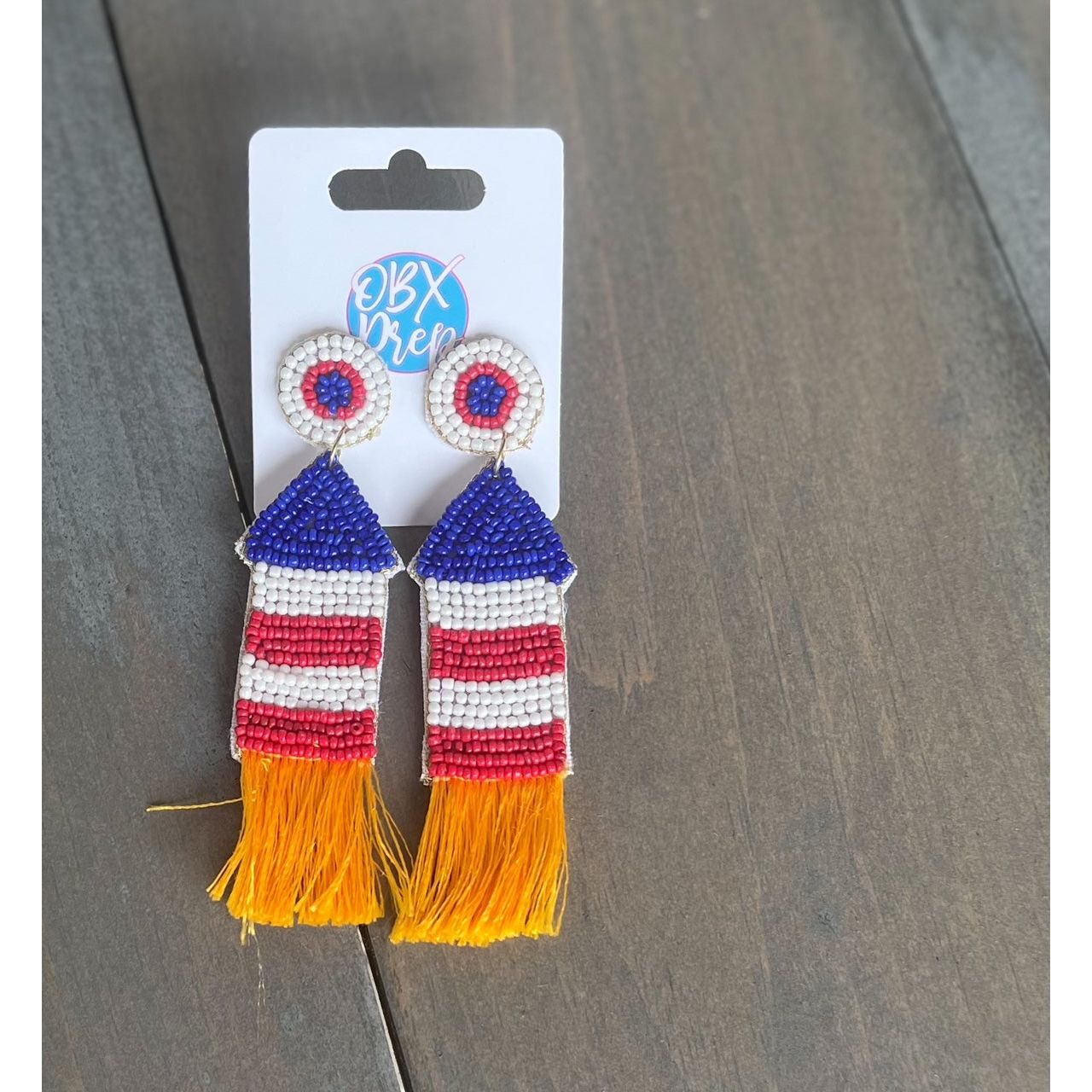 Handmade Seed Beaded Red White Blue Patriotic Rocket Earring - OBX Prep