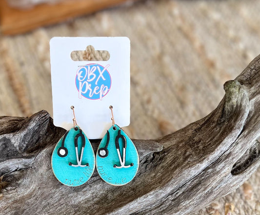 Nurse Life Earrings – Hand-Painted Scrubs with Stethoscope (Dangle Style).