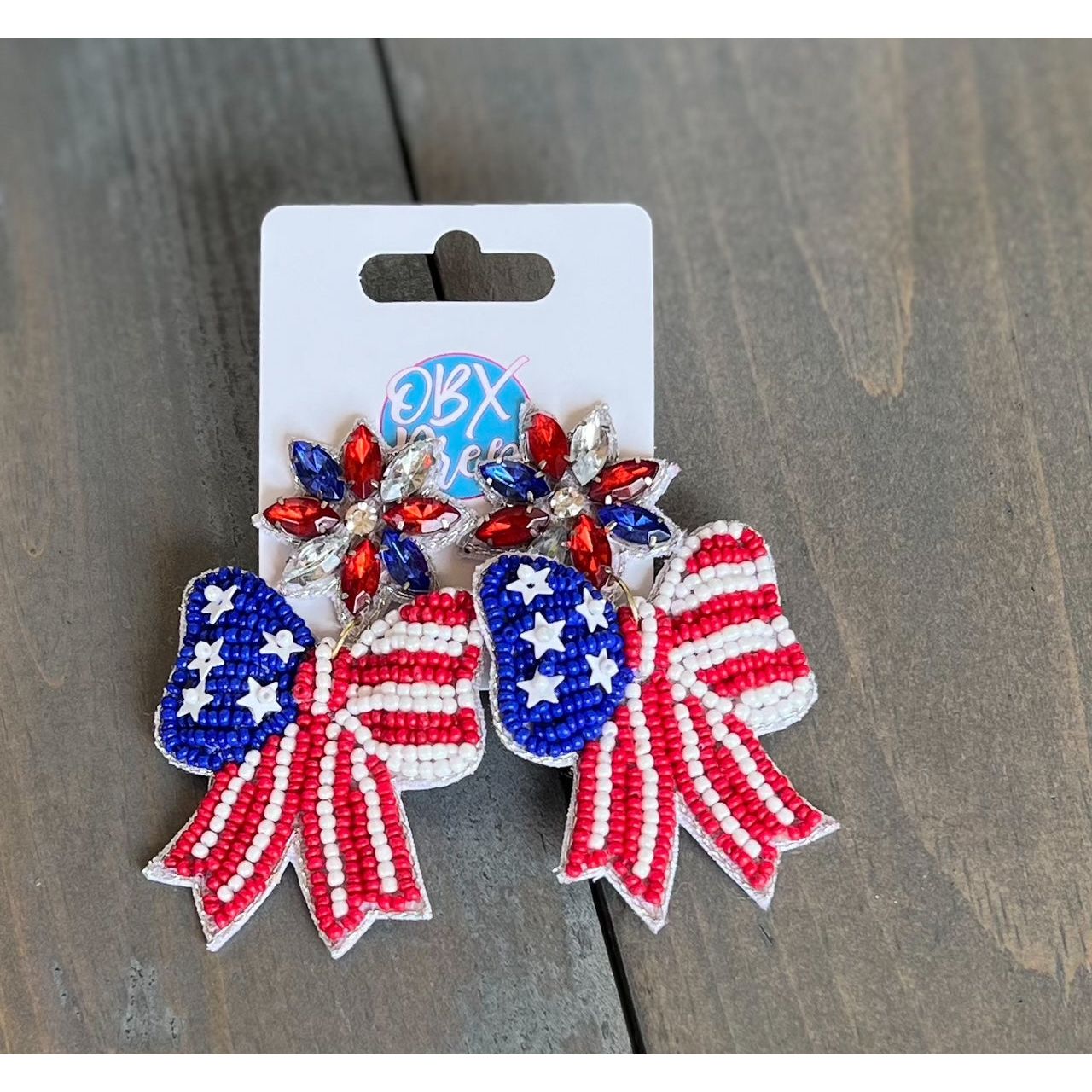 Patriotic Red White and Blue Handmade Bow Earrings - OBX Prep