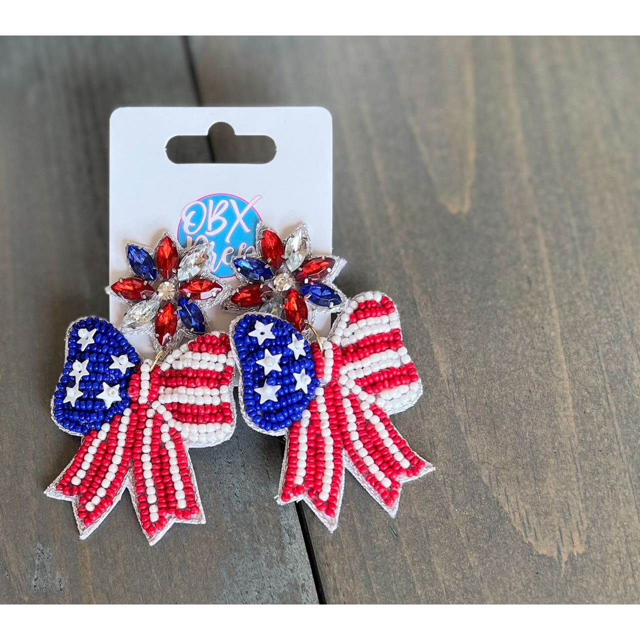 Patriotic Red White and Blue Handmade Bow Earrings - OBX Prep