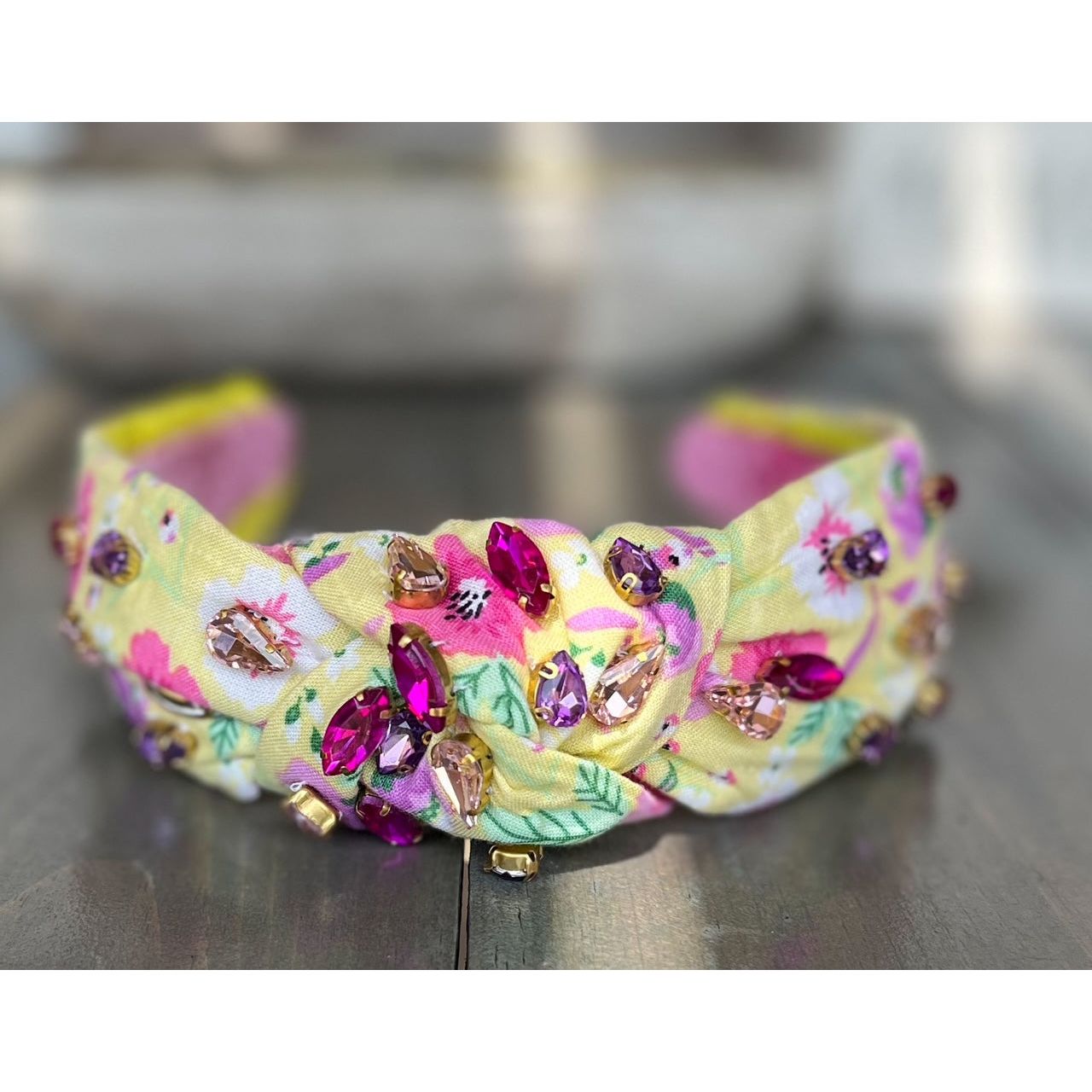 Manteo Jewel Yellow and Pink Pansies Top Knot Rhinestone Handmade Headband - OBX Prep