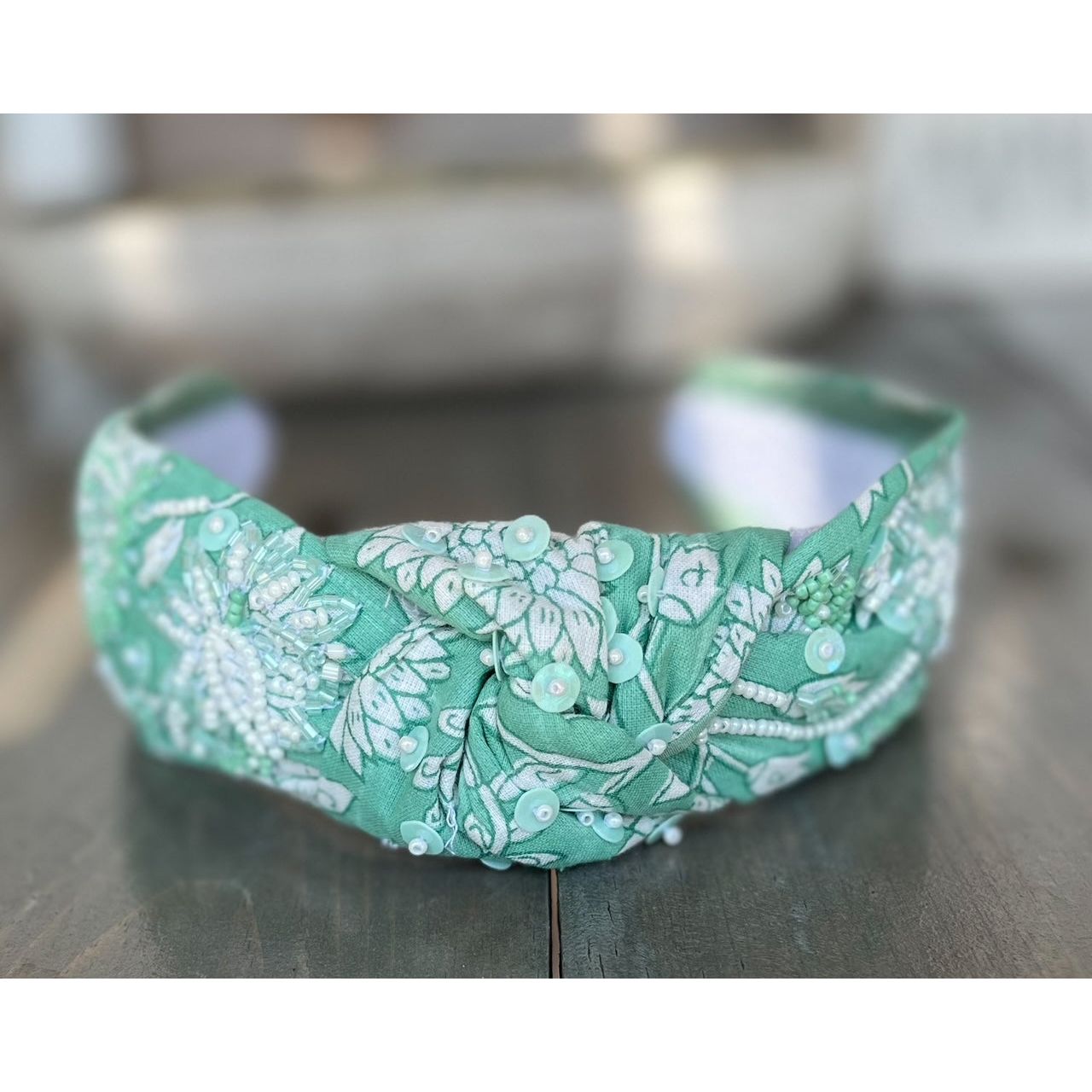 Mint Toile Top Knot Seed Beaded Headband - OBX Prep