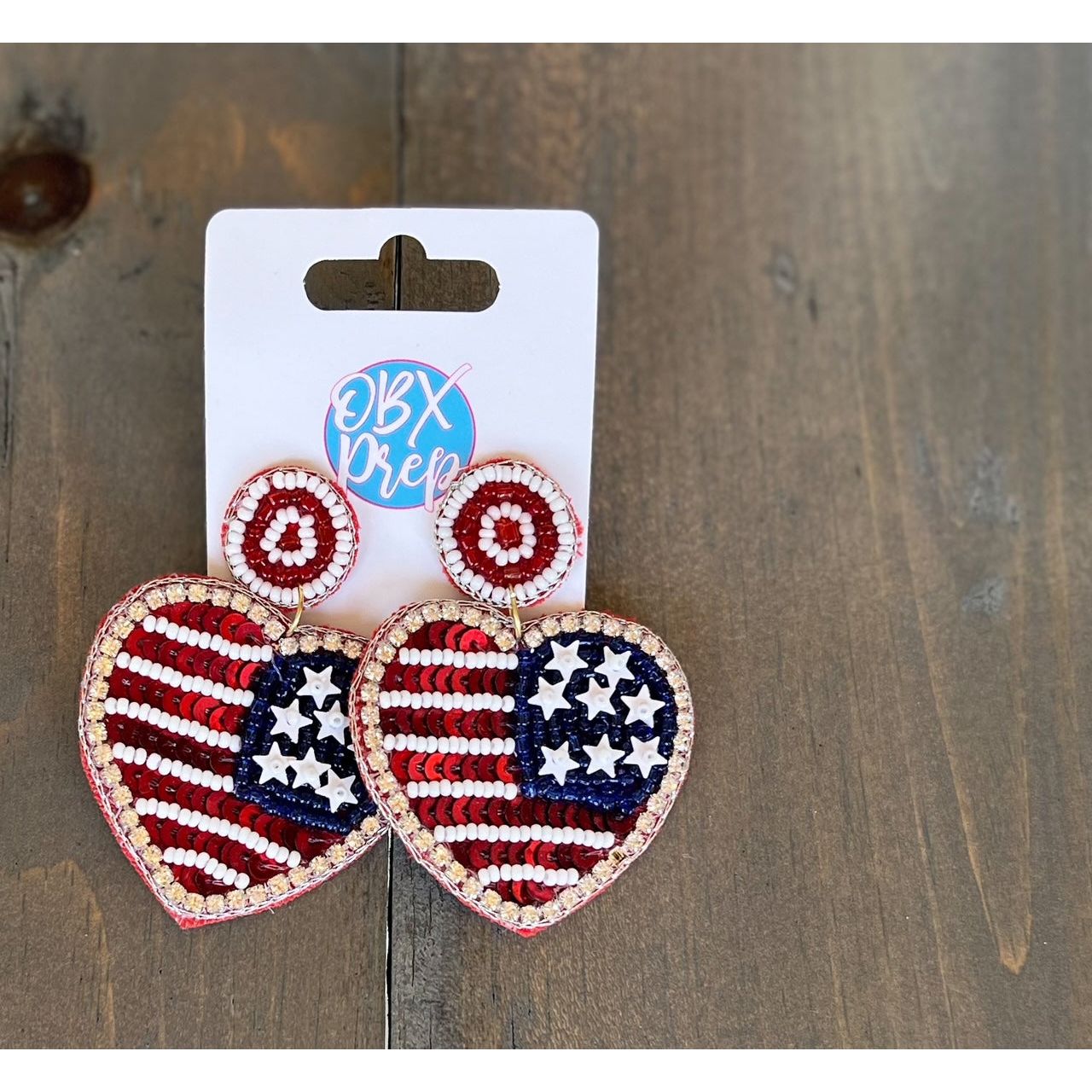 American Flag Heart Seed Bead Dangle Earrings - OBX Prep