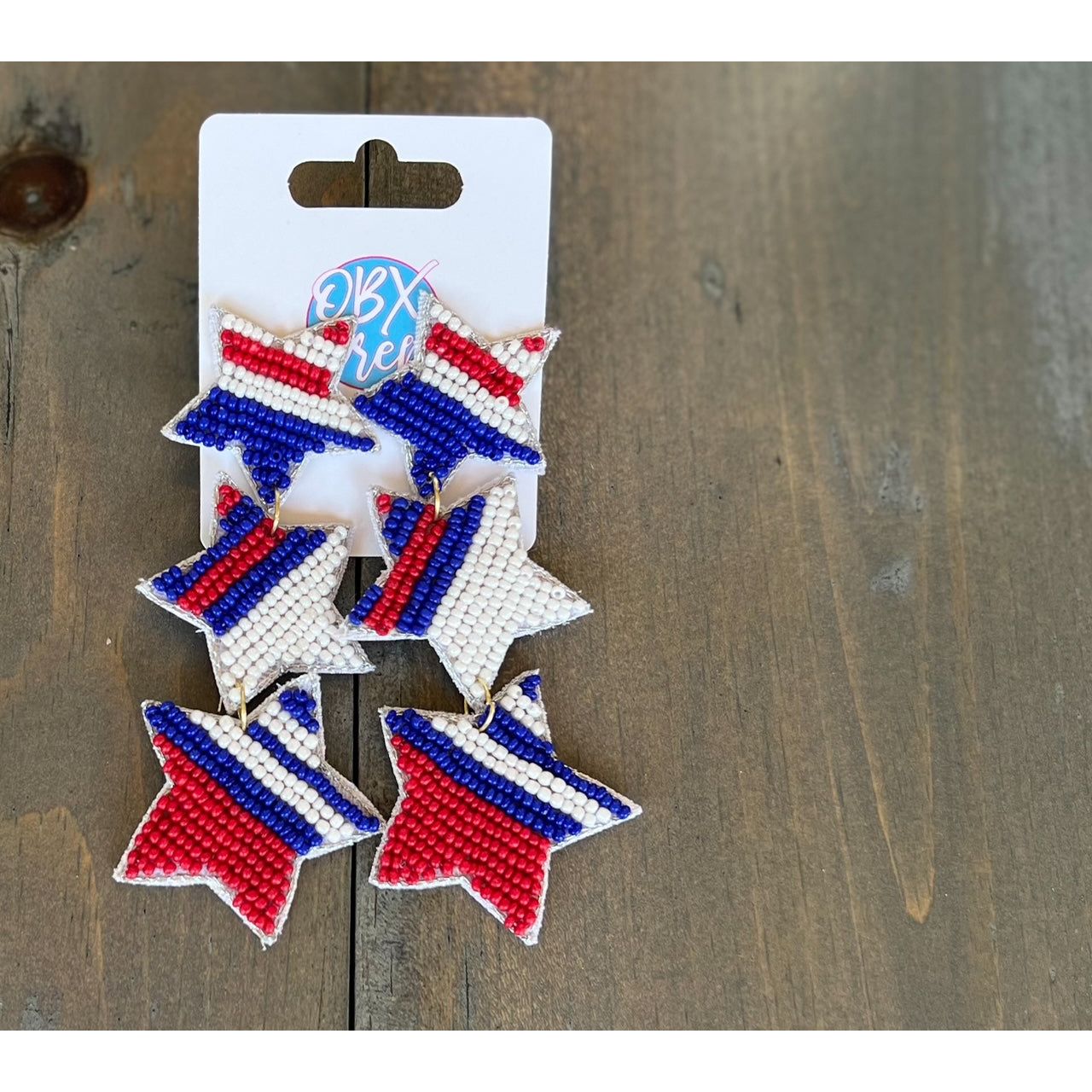 Patriotic Red White and Blue Striped Triple Stars Handmade Earrings - OBX Prep