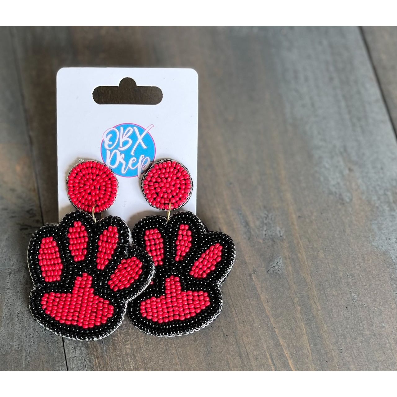 Paw Print Seed Beaded Earrings - Blue/White, Yellow/Purple, Black/Red - OBX Prep