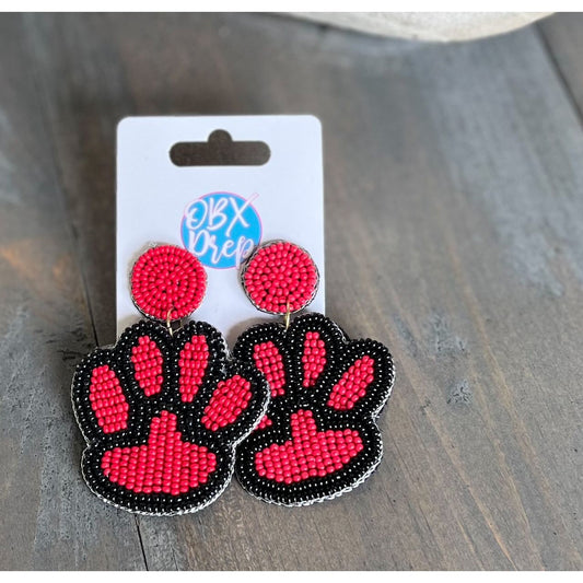 Paw Print Seed Beaded Earrings - Blue/White, Yellow/Purple, Black/Red - OBX Prep