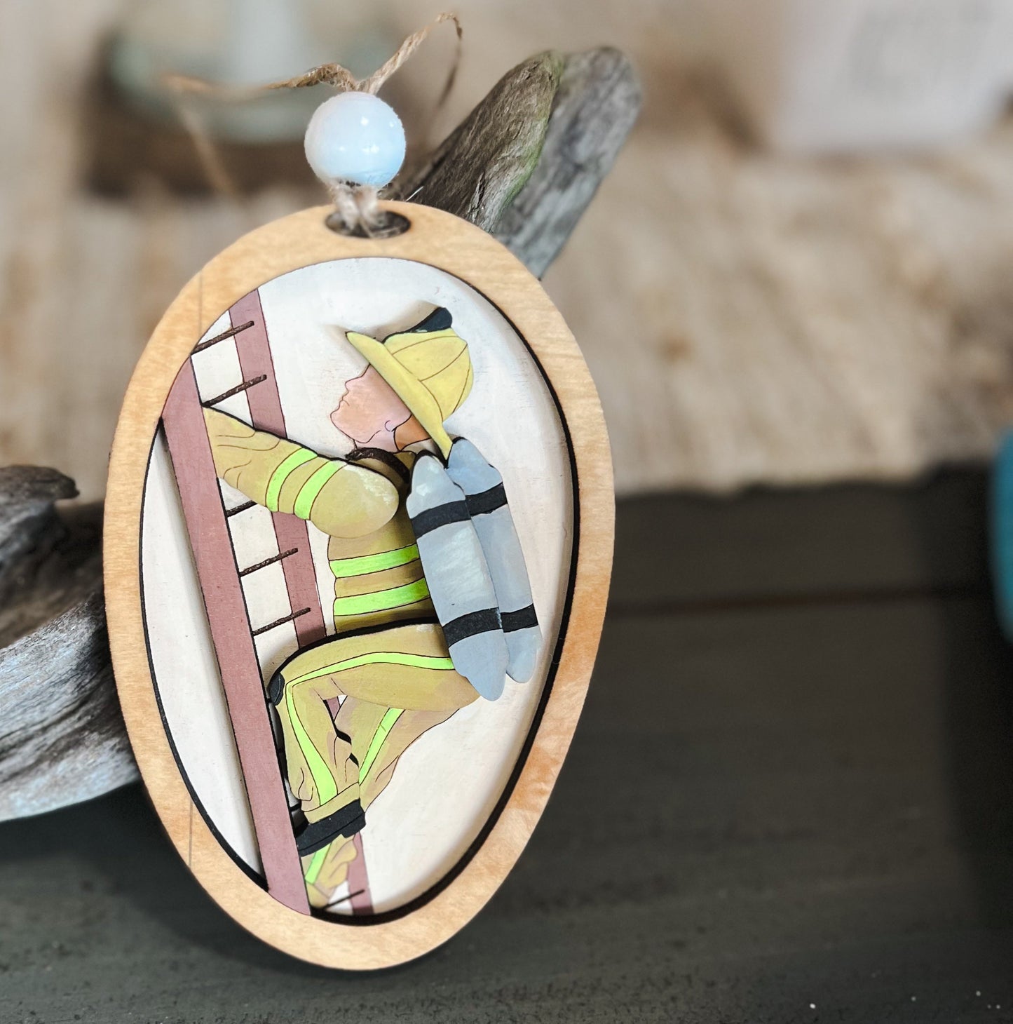 Hand-Painted Firefighter Christmas Ornament – White Birch Wood.