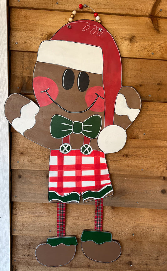 Gingerbread Man, Woman, Boy and Girl Ribbon Legs Christmas Winter Door Hanger Sign.