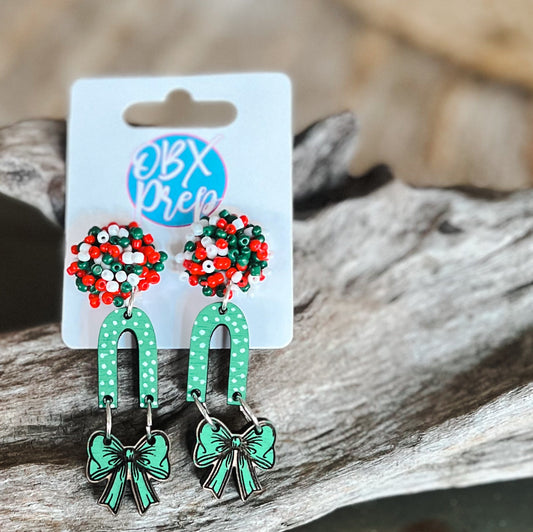 Christmas Beaded Coquette Bow Dangle Earrings.