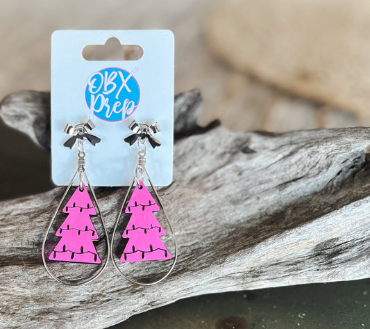 Christmas Tree Pink Dangle Hand Painted Earrings with Coquette Bow Stud Tops.