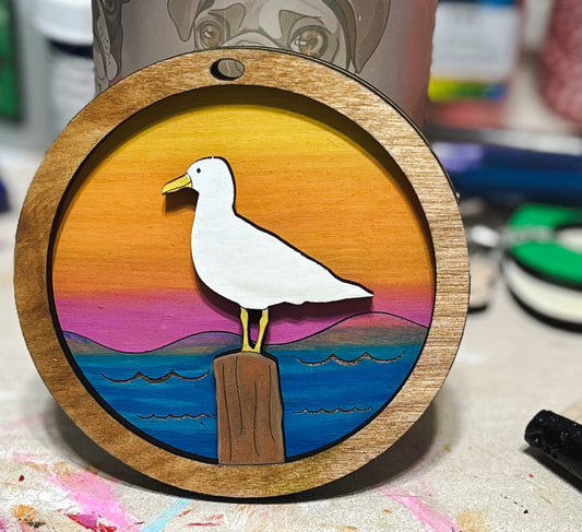 Personalized Sea Gull Beach Sunset Hand Painted Christmas Ornament.