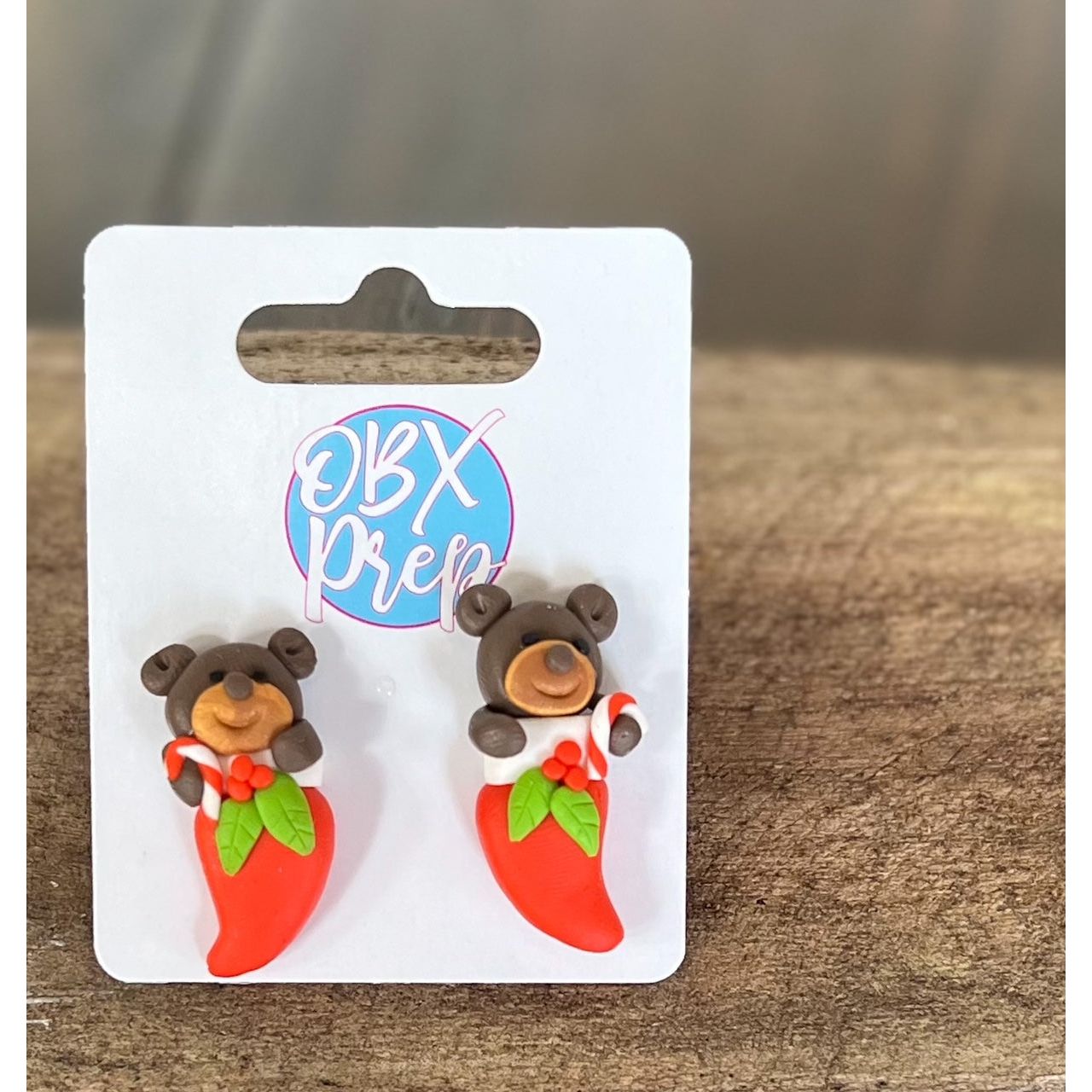 Teddy Bear in Stocking Polymer Clay Stud Earrings - OBX Prep