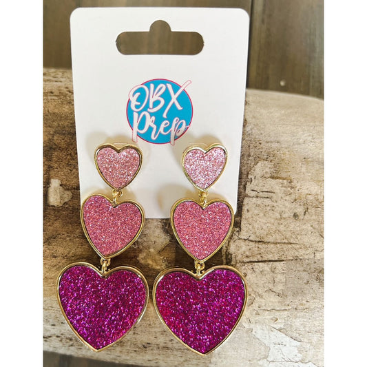 Glitter Pave Triple Heart Dangle Valentine's Day Earrings - OBX Prep