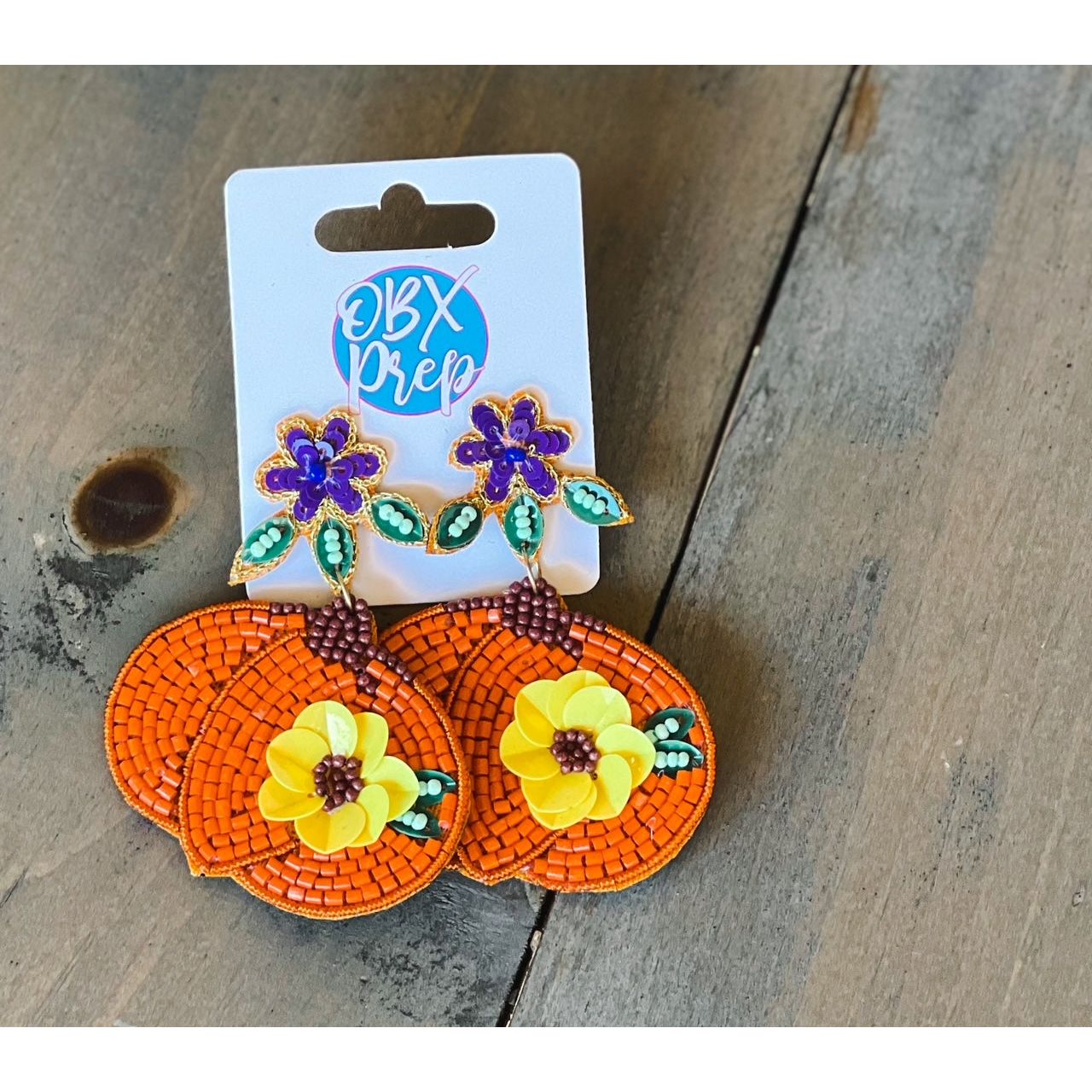 Pumpkin with Flowers Seed Beaded Drop Earrings - OBX Prep