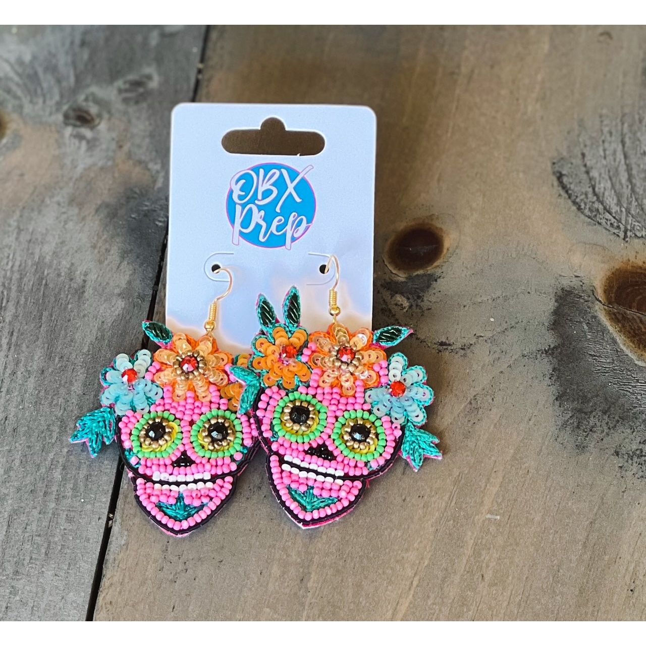 Pink Sugar Skull Halloween Seed Bead Dangle Earrings - Pre-Order - OBX Prep