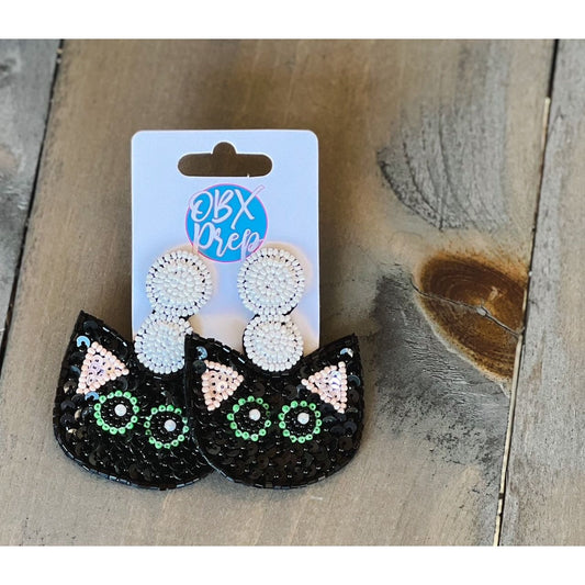 Black Cat Seed Beaded Dangle Earrings - OBX Prep