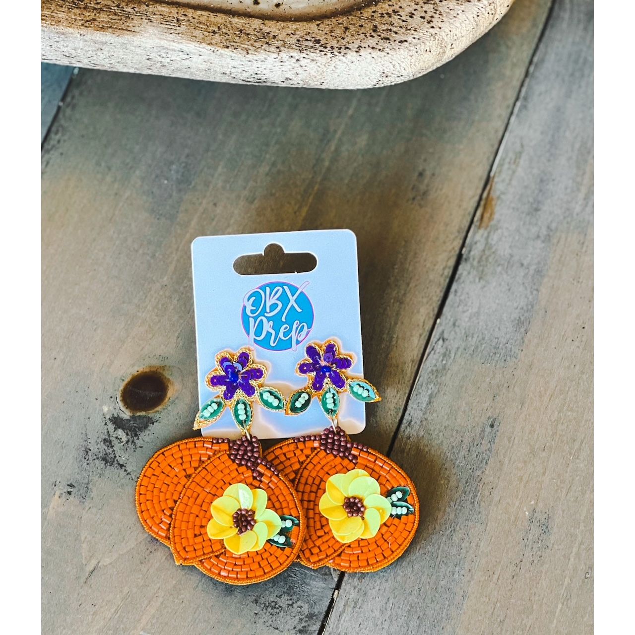 Pumpkin with Flowers Seed Beaded Drop Earrings - OBX Prep