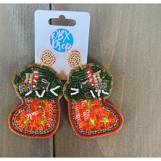 Glam Christmas Stocking Seed Beaded Drop Earrings - OBX Prep