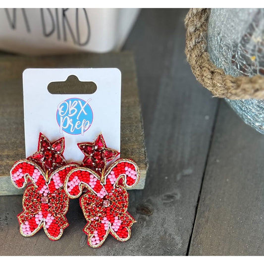 Pink Candy Cane Bow Christmas Beaded Earrings - OBX Prep