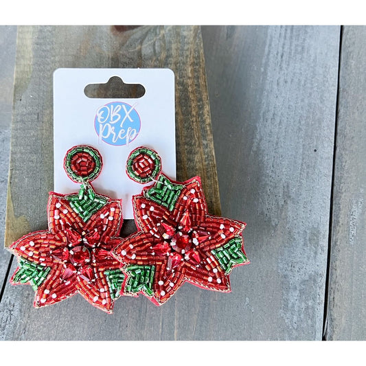 Poinsettia Red Christmas Beaded Earrings - OBX Prep