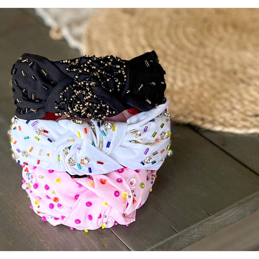 Confetti Beaded Top Knot Headband in Pink, Black and Gold, and White Multi-Colors.