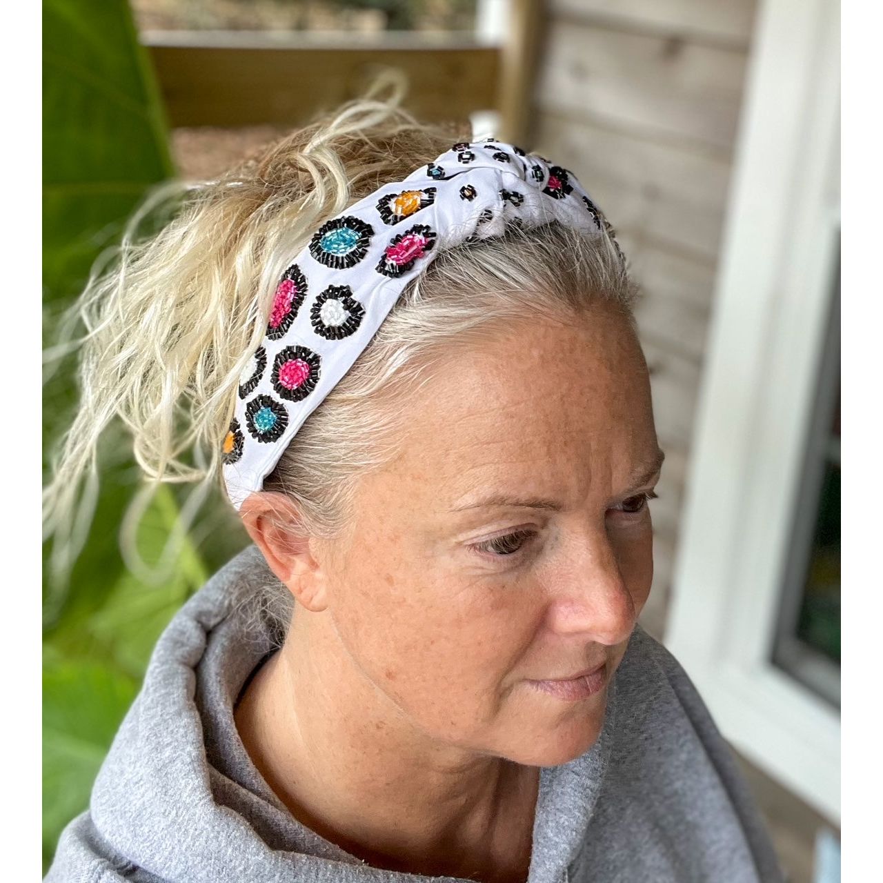 Bright Leopard Top Knot Seed Beaded Headband.