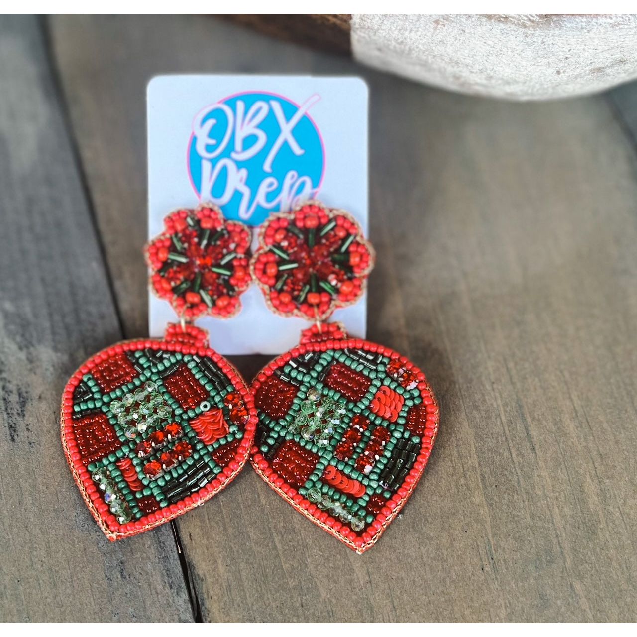 Christmas Ornament Seed Beaded Earrings - OBX Prep