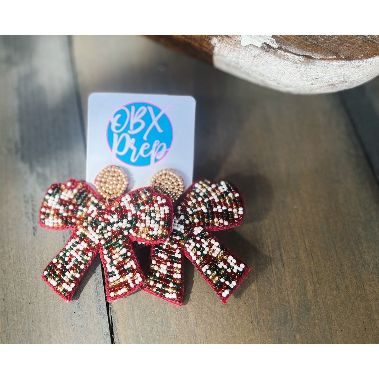 Christmas Bow Beaded Dangle Earrings - OBX Prep