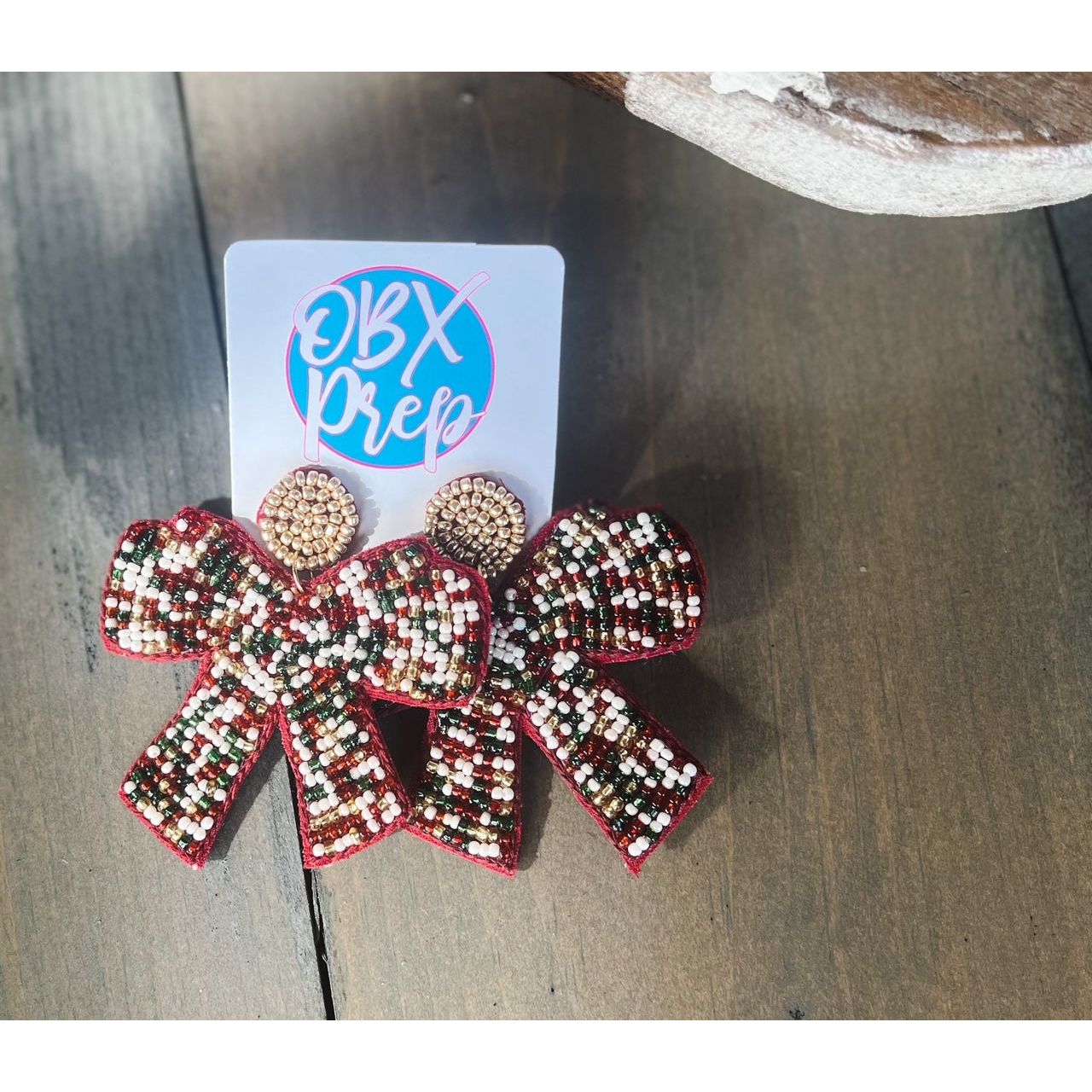 Christmas Bow Beaded Dangle Earrings - OBX Prep