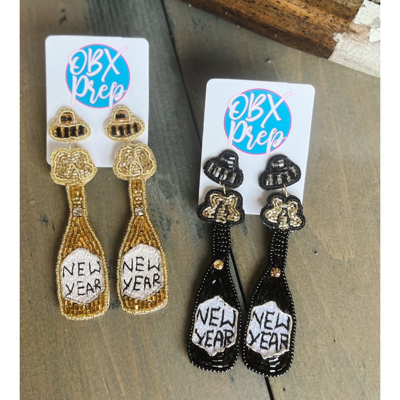 New Year Champagne Bottle Seed Beaded Earrings - OBX Prep