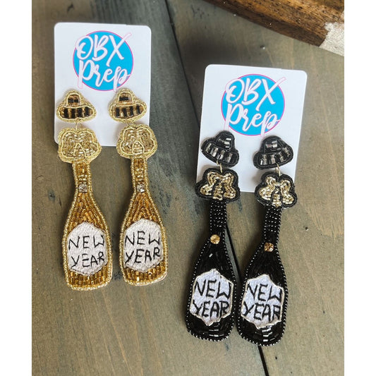 New Year Champagne Bottle Seed Beaded Earrings - OBX Prep