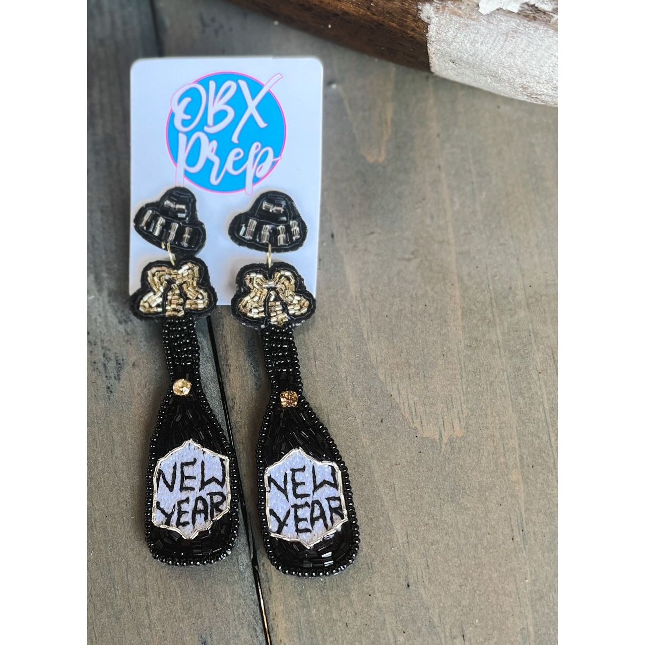 New Year Champagne Bottle Seed Beaded Earrings - OBX Prep