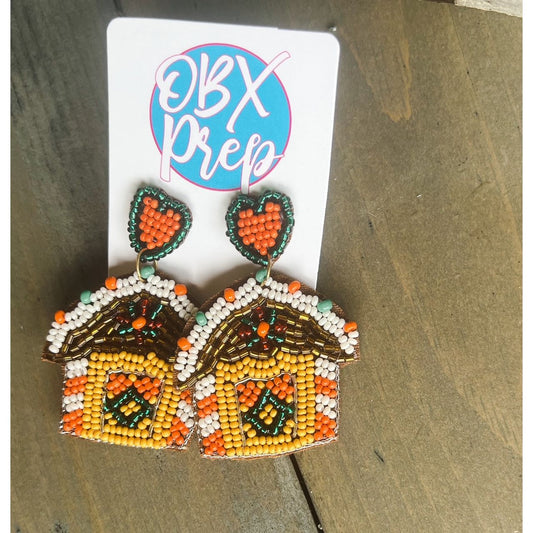 Gingerbread House seed beaded Christmas dangle earrings. - OBX Prep