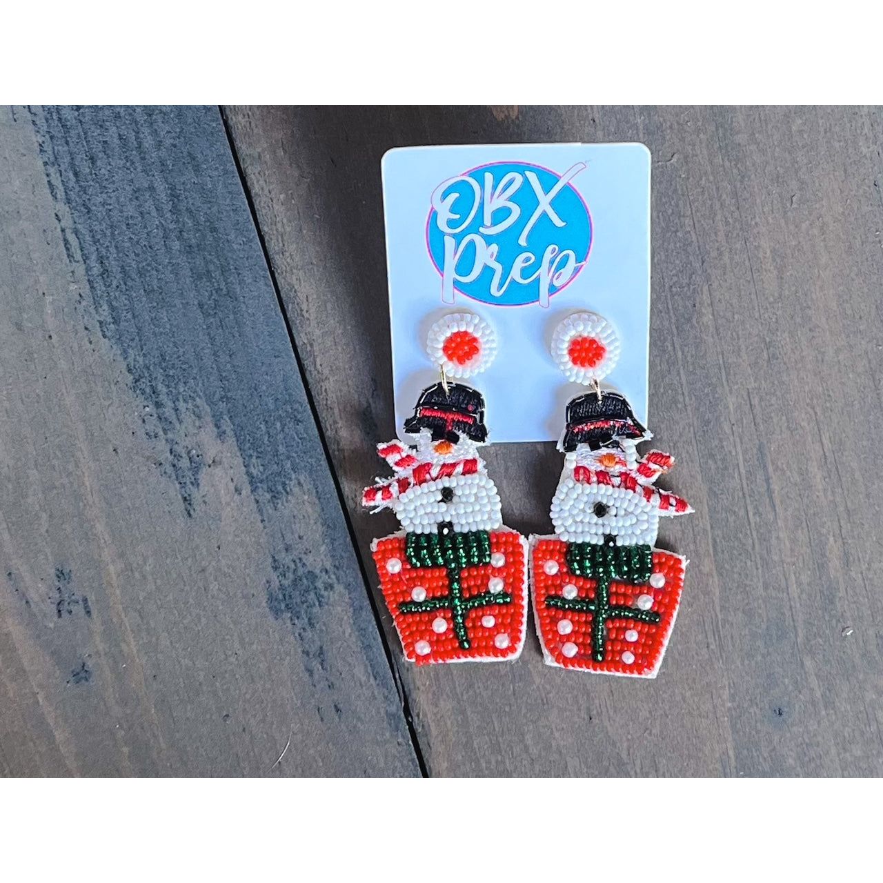 Christmas Snowman on Gift Seed Beaded Dangle Earrings - OBX Prep