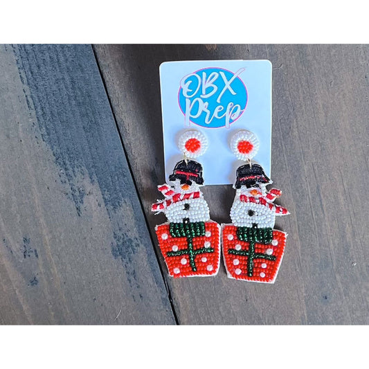 Christmas Snowman on Gift Seed Beaded Dangle Earrings - OBX Prep