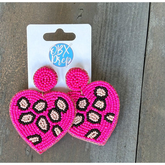 Heart Leopard Seed Beaded Drop Earrings S