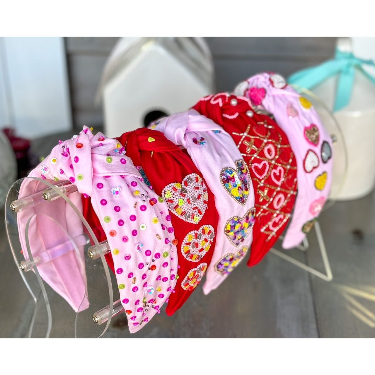 Confetti Beaded Top Knot Headband in Pink, Black and Gold, and White Multi-Colors.