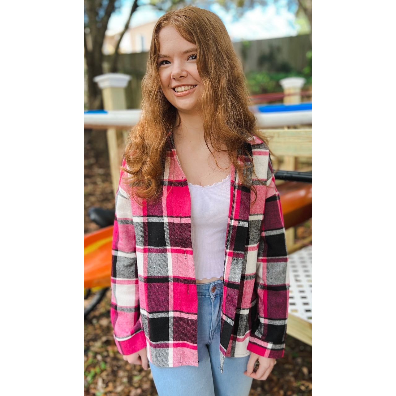 OBX brand Plaid Flannel Jacket Shacket in Black and Pink - OBX Prep