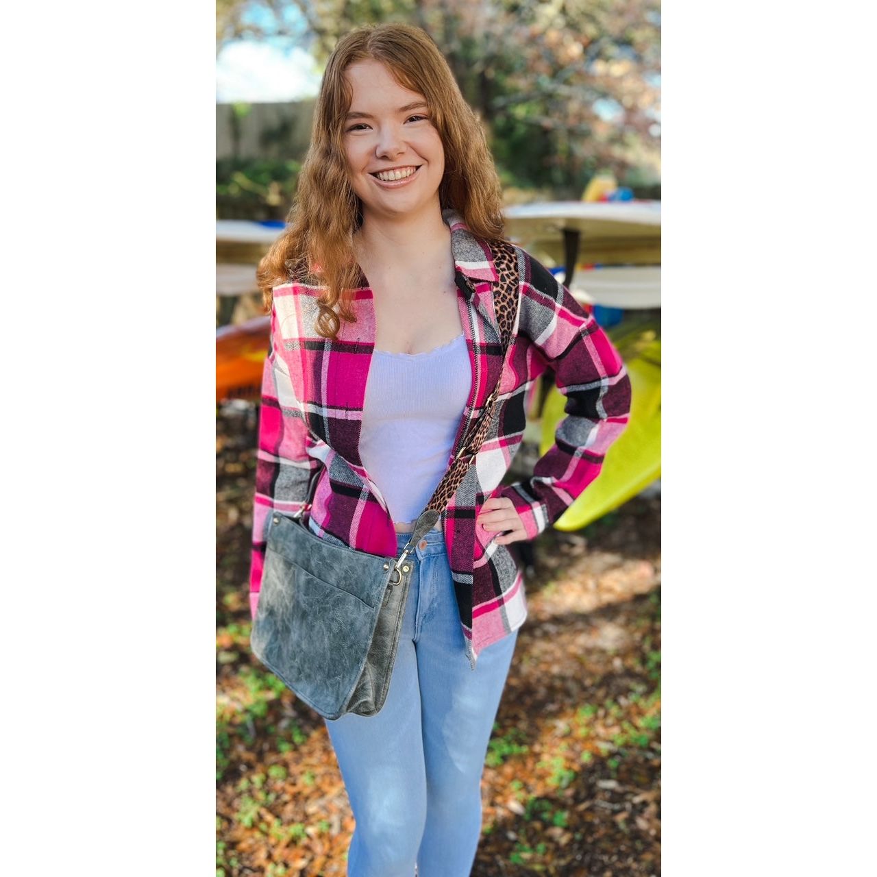 OBX brand Plaid Flannel Jacket Shacket in Black and Pink - OBX Prep