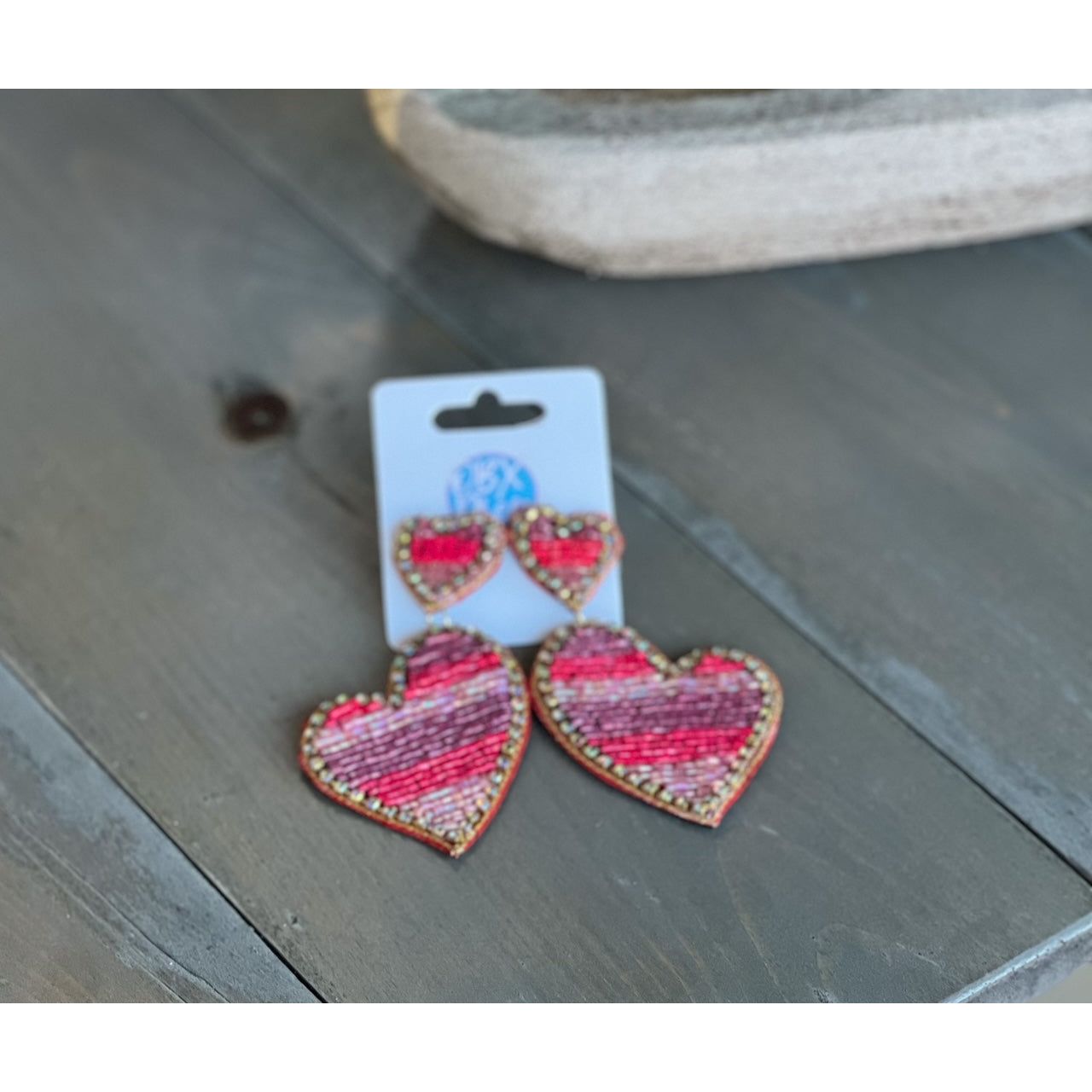 Double Heart Striped Shape Seed Bead Drop Earrings - OBX Prep