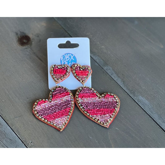 Double Heart Striped Shape Seed Bead Drop Earrings - OBX Prep