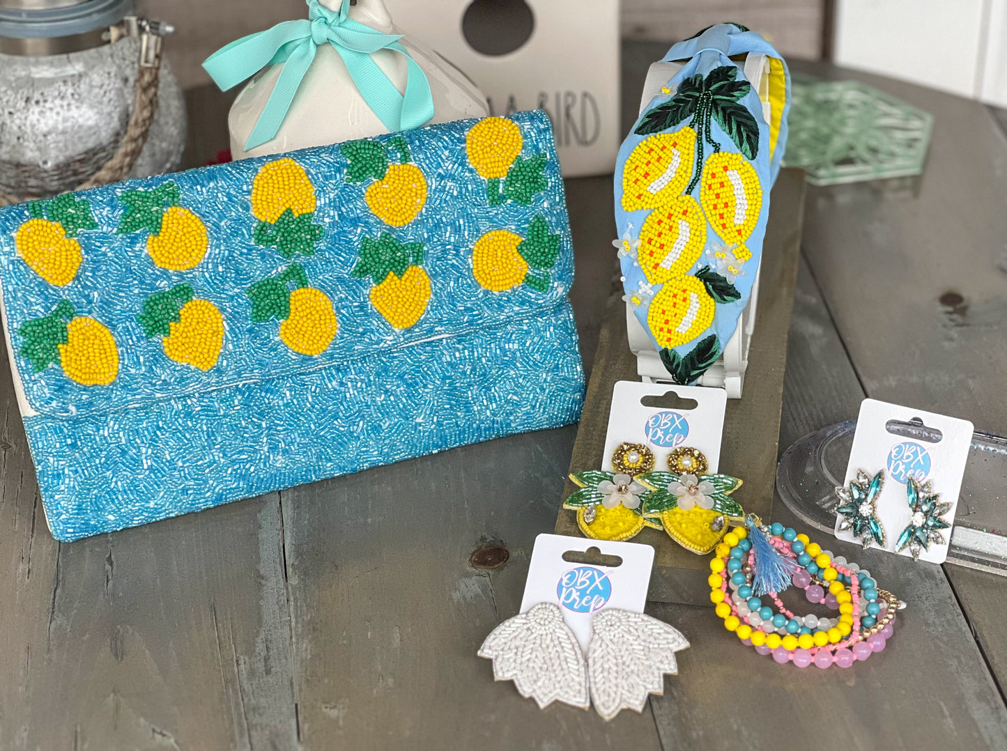 Lemon Turquoise Seed Beaded Clutch Bag S