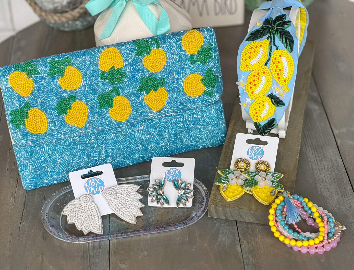 Lemon Turquoise Seed Beaded Clutch Bag S